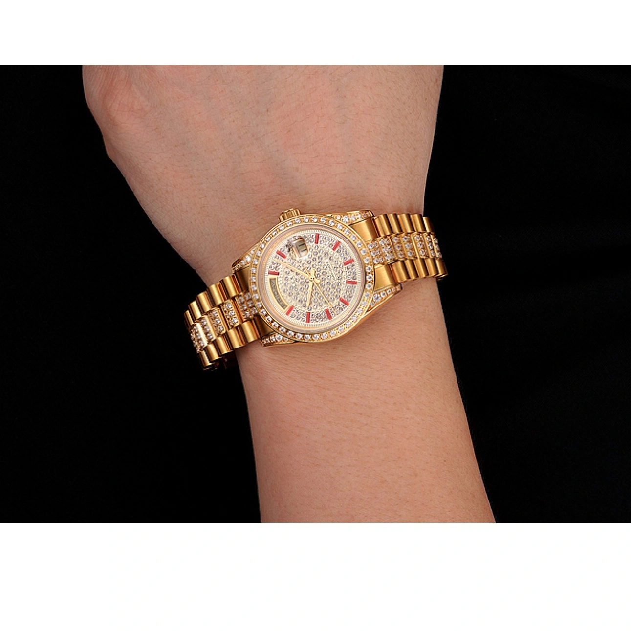 MiroTime 1015 Swiss Rolex Day-Date Red Diamond Pave Dial Gold Diamond Bracelet 1453960